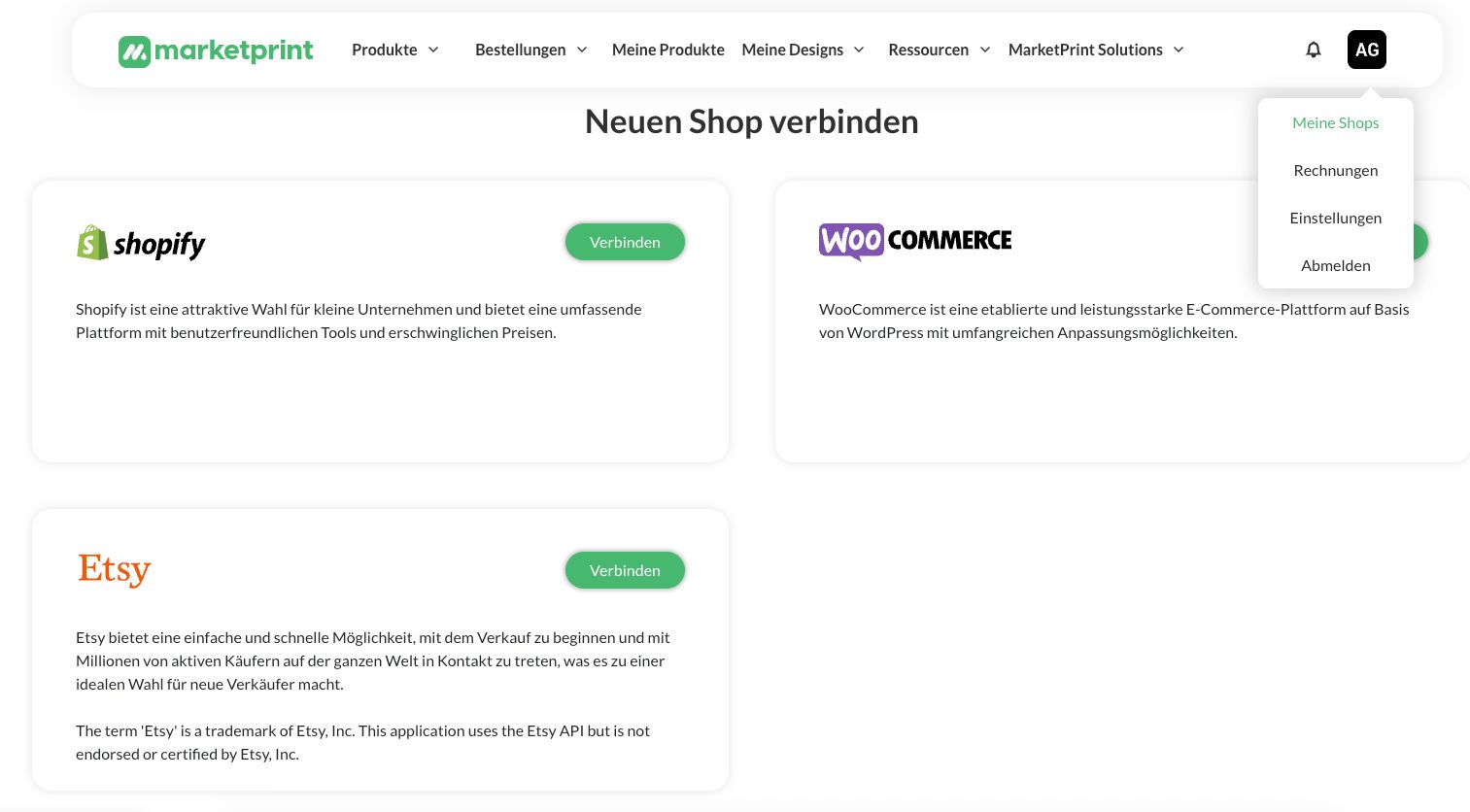 Meine Shops – ganz nach unten scrollen bis Etsy